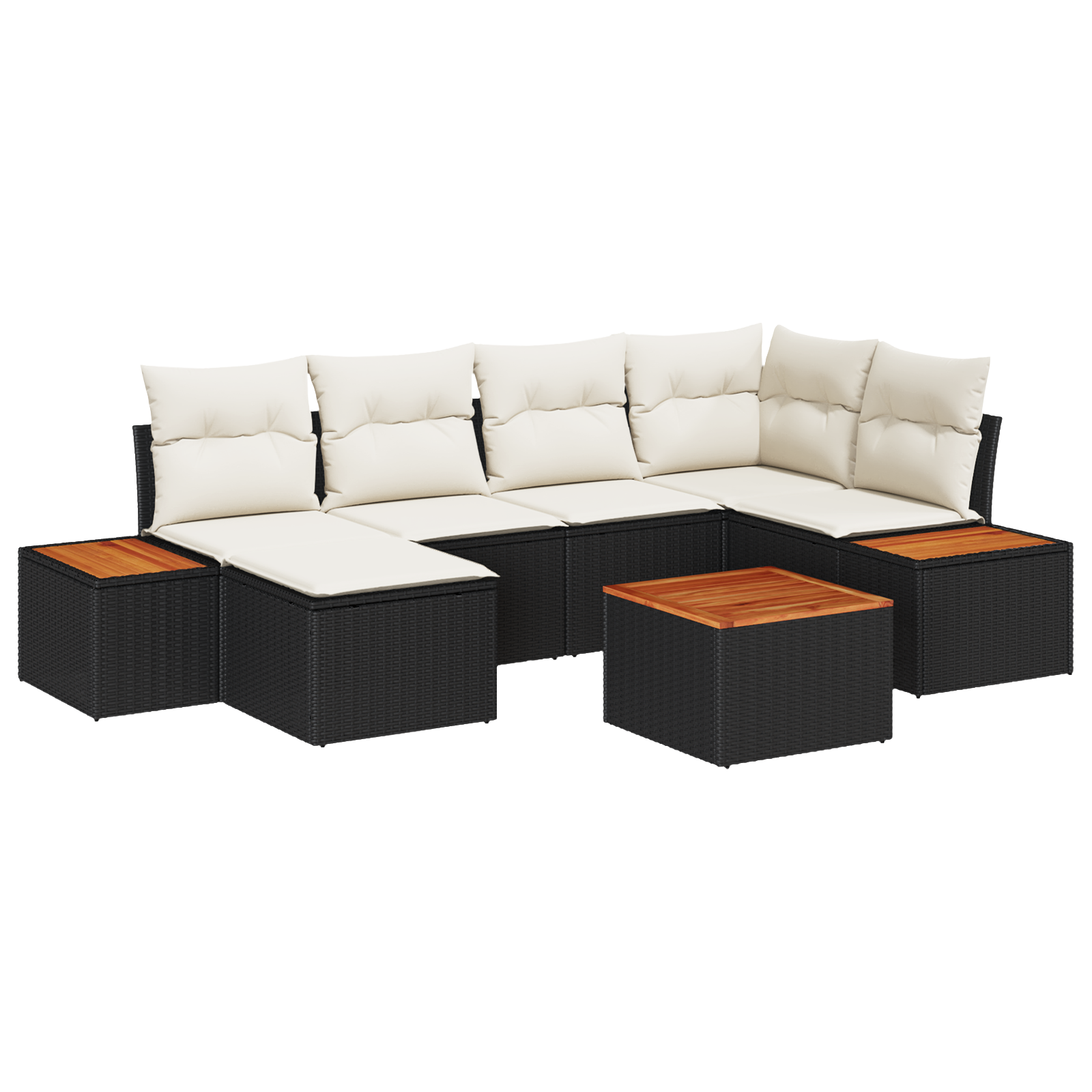 Set Divano da Giardino a 7 Pezzi con Cuscini Nero Polyrattan Acacia