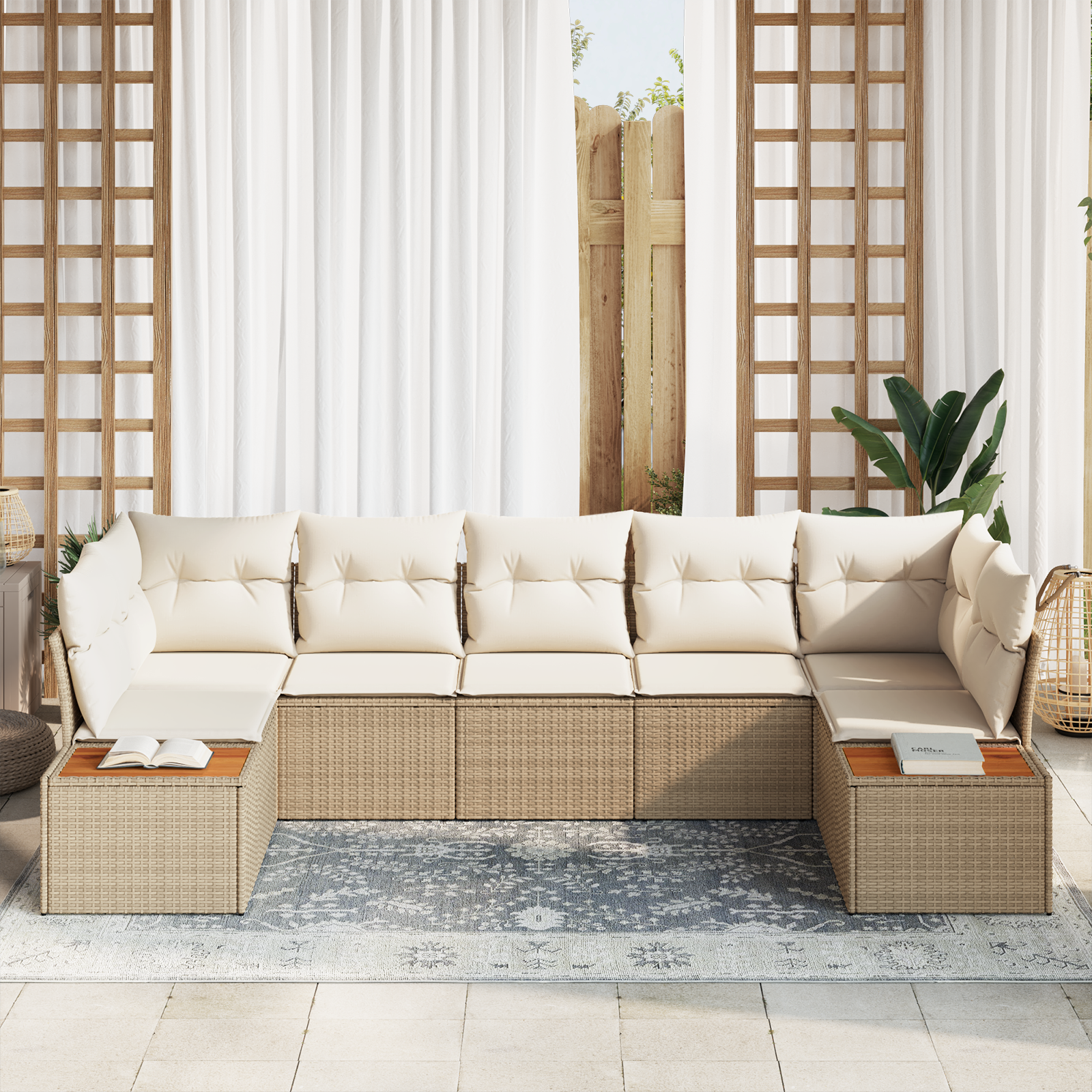 Set Divano Giardino 7 Pezzi con Cuscini Beige Polyrattan Acacia
