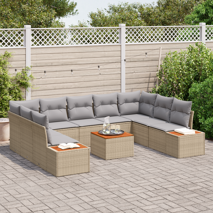 Set di Divano da Giardino da 10 Pezzi con Cuscini Beige Polyrattan Acacia