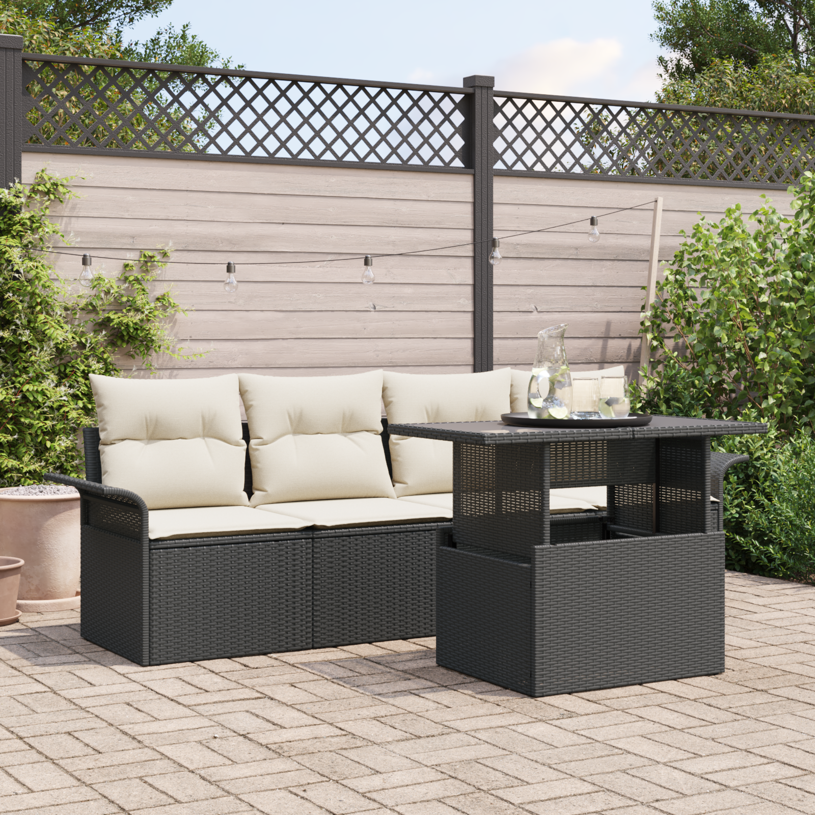 Set Divano da Giardino 5 Pezzi con Cuscini Nero Polyrattan