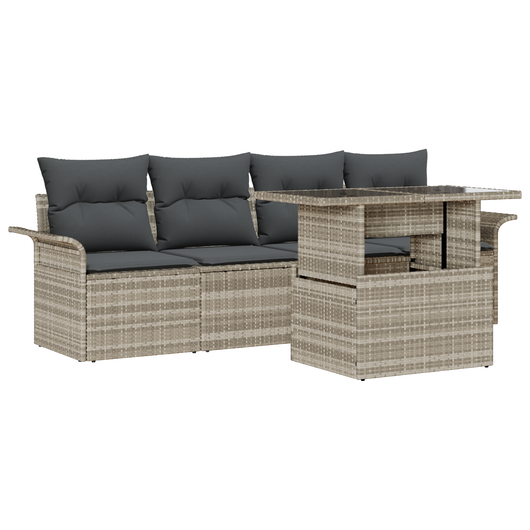 Set giardino a 5 pezzi con cuscini grigio chiaro polyrattan