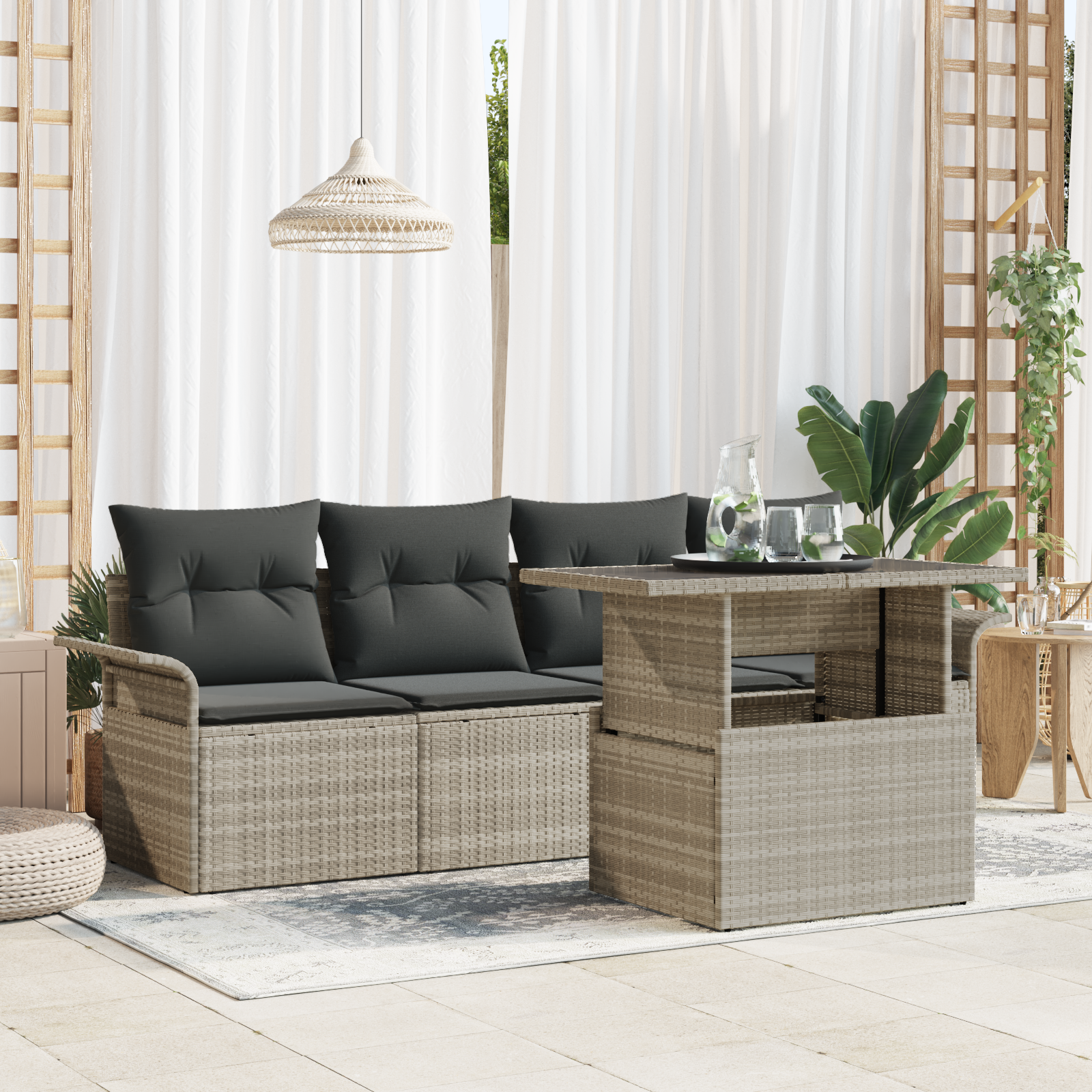 Set giardino a 5 pezzi con cuscini grigio chiaro polyrattan