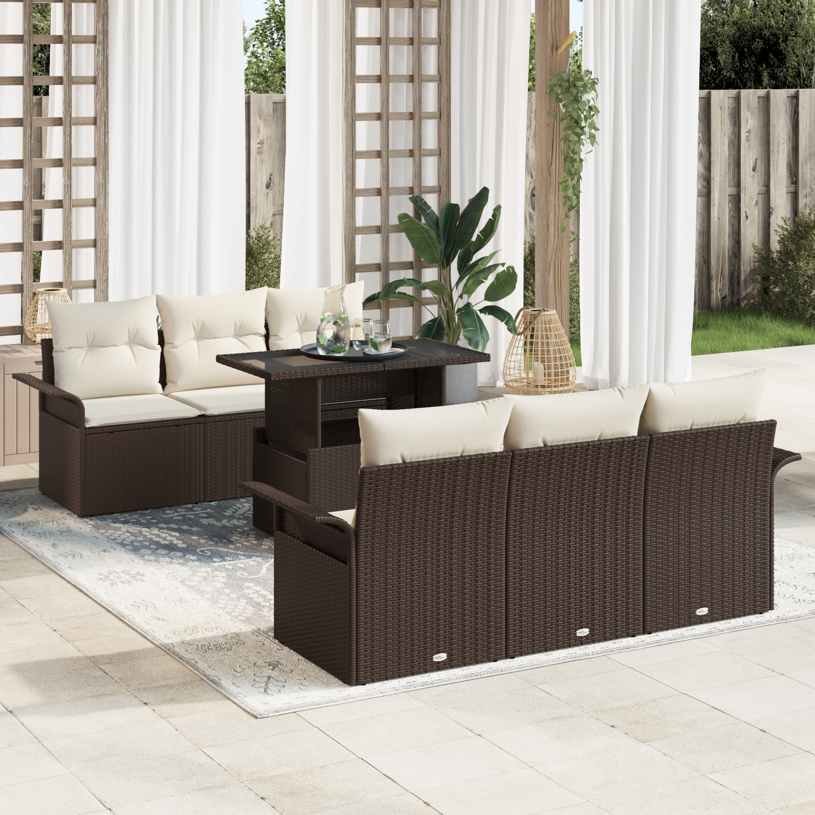 Set di Divani da Giardino 7 Pezzi con Cuscini Marrone in Rattan Sintetico