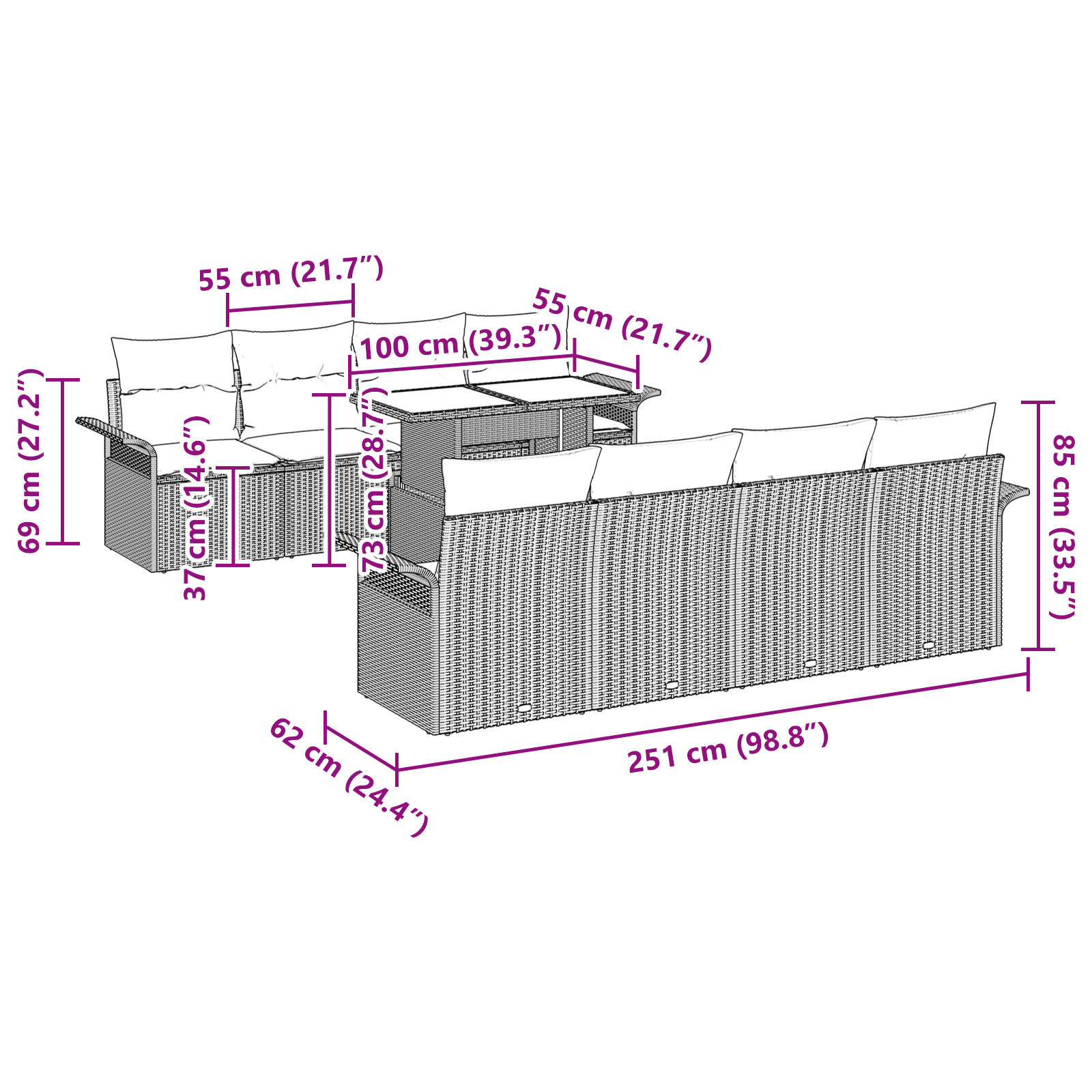 Set Divano da Giardino 9 Pezzi con Cuscini Rattan Polipro Grigio
