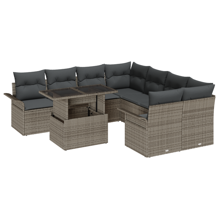 Set di Divani da Giardino 9 Pezzi con Cuscini Grigio Rattan Poli