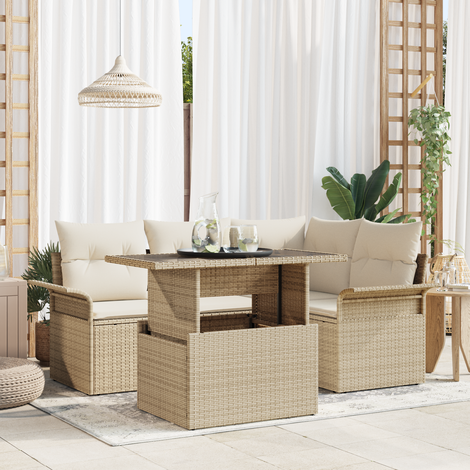 Set Divano da Giardino con Cuscini 5 Pezzi Beige Rattan Polietilene