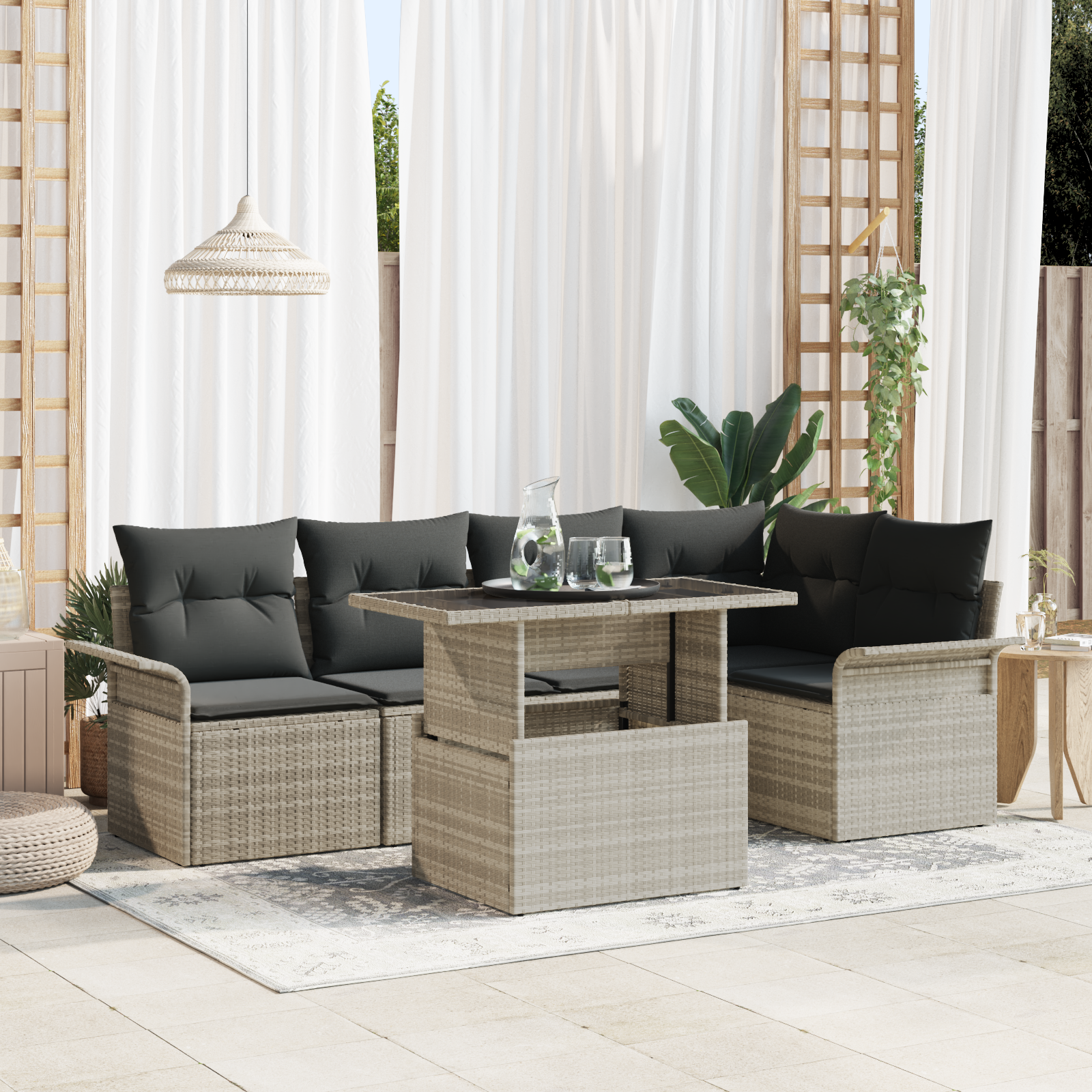 Set Divano da Giardino 6 Pezzi con Cuscini Grigio Chiaro in Polyrattan