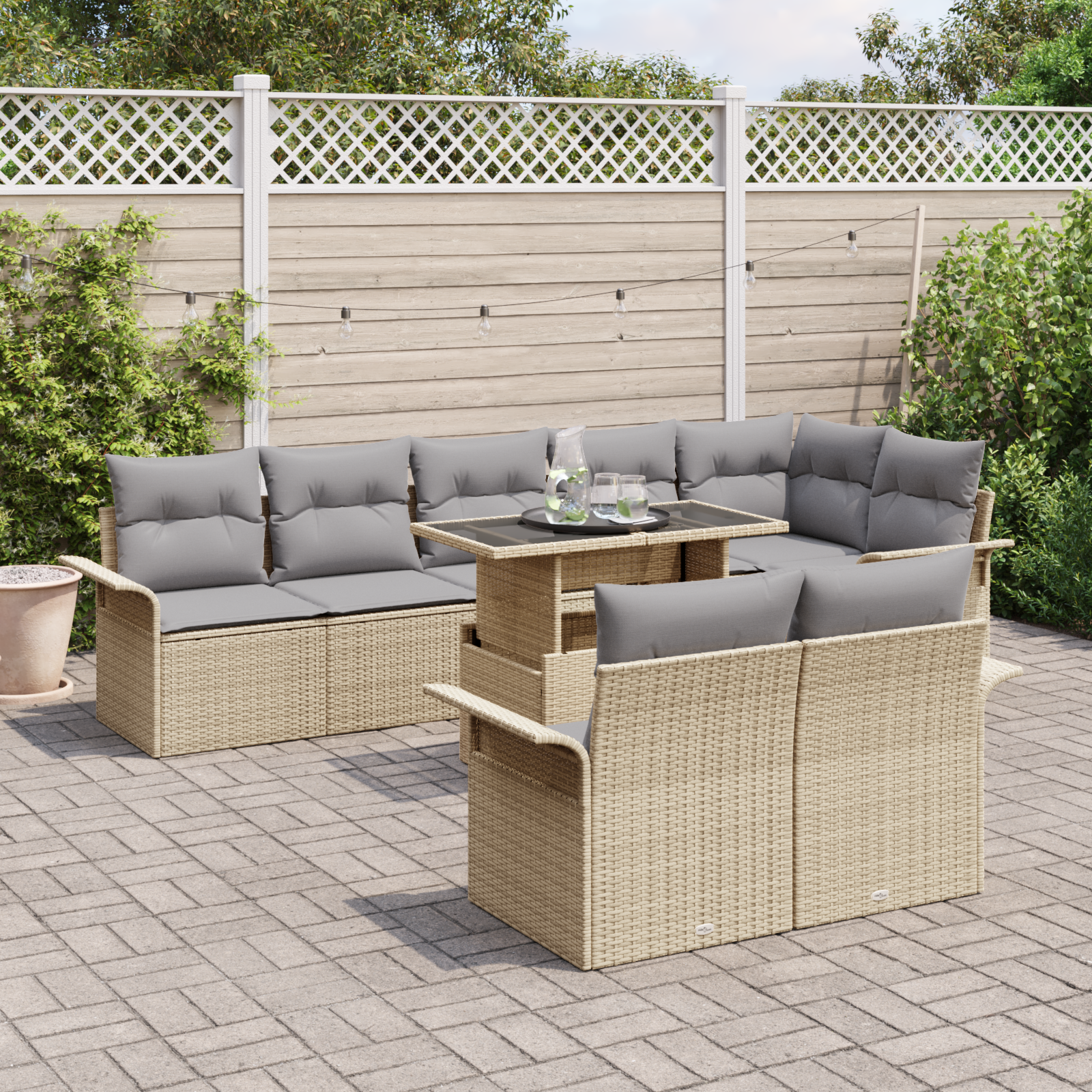 Set di Divani da Giardino 9 Pezzi con Cuscini Beige in Rattan