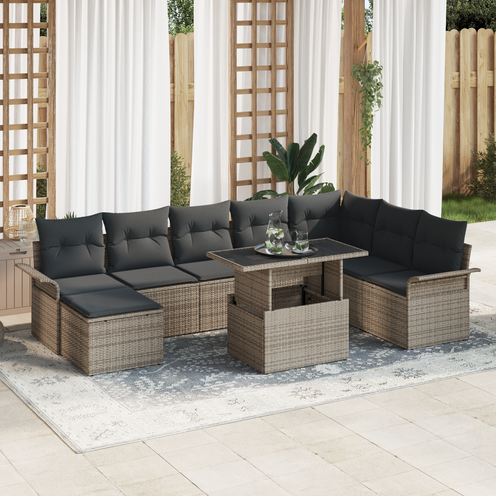 Set di Sofà da Giardino con Cuscini 9 Pezzi Grigio Polyrattan