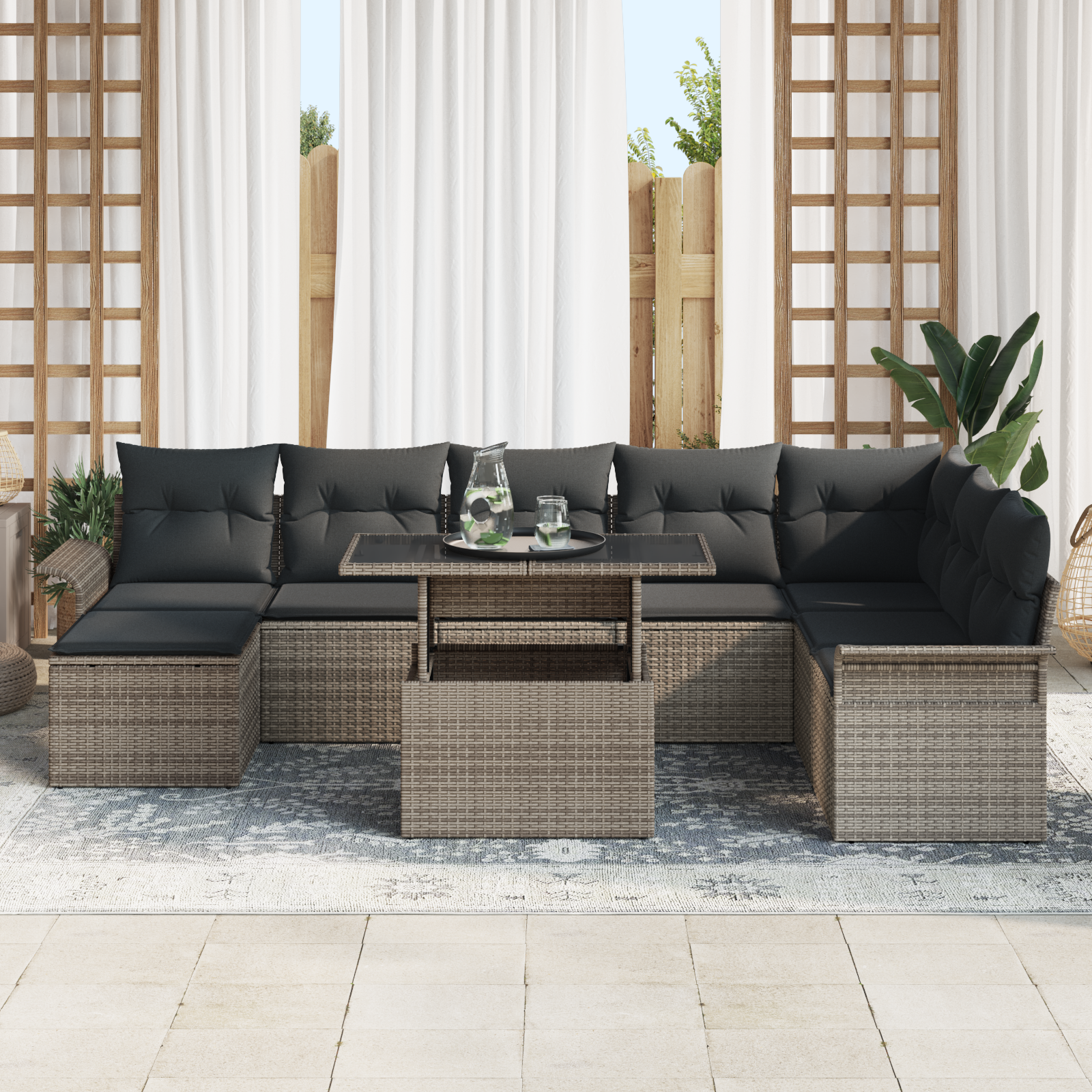 Set di Sofà da Giardino con Cuscini 9 Pezzi Grigio Polyrattan