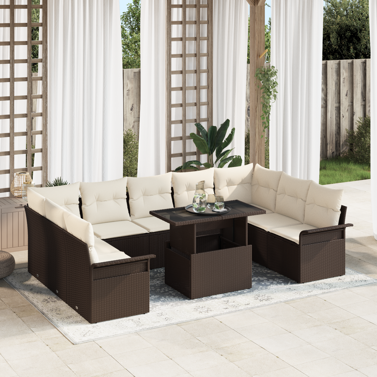 Set di Divano da Giardino 10 Pezzi con Cuscini Rattan Poliestere Marrone