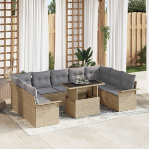 Set divani da giardino da 10 pezzi con cuscini in rattan polimerico beige
