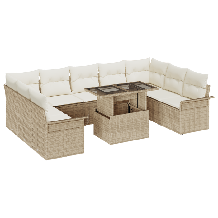 Set Sofà da Giardino 10 Pezzi con Cuscini Beige in Rattan Poliestere