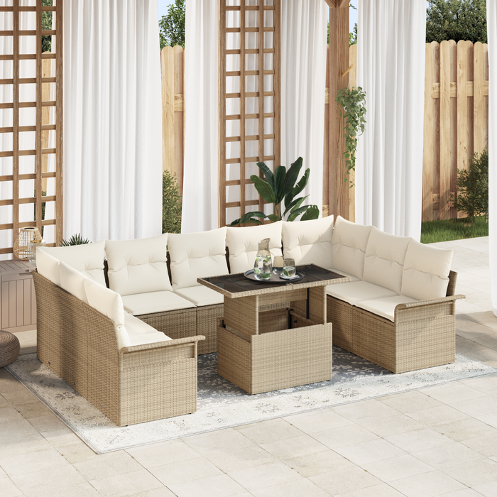 Set Sofà da Giardino 10 Pezzi con Cuscini Beige in Rattan Poliestere