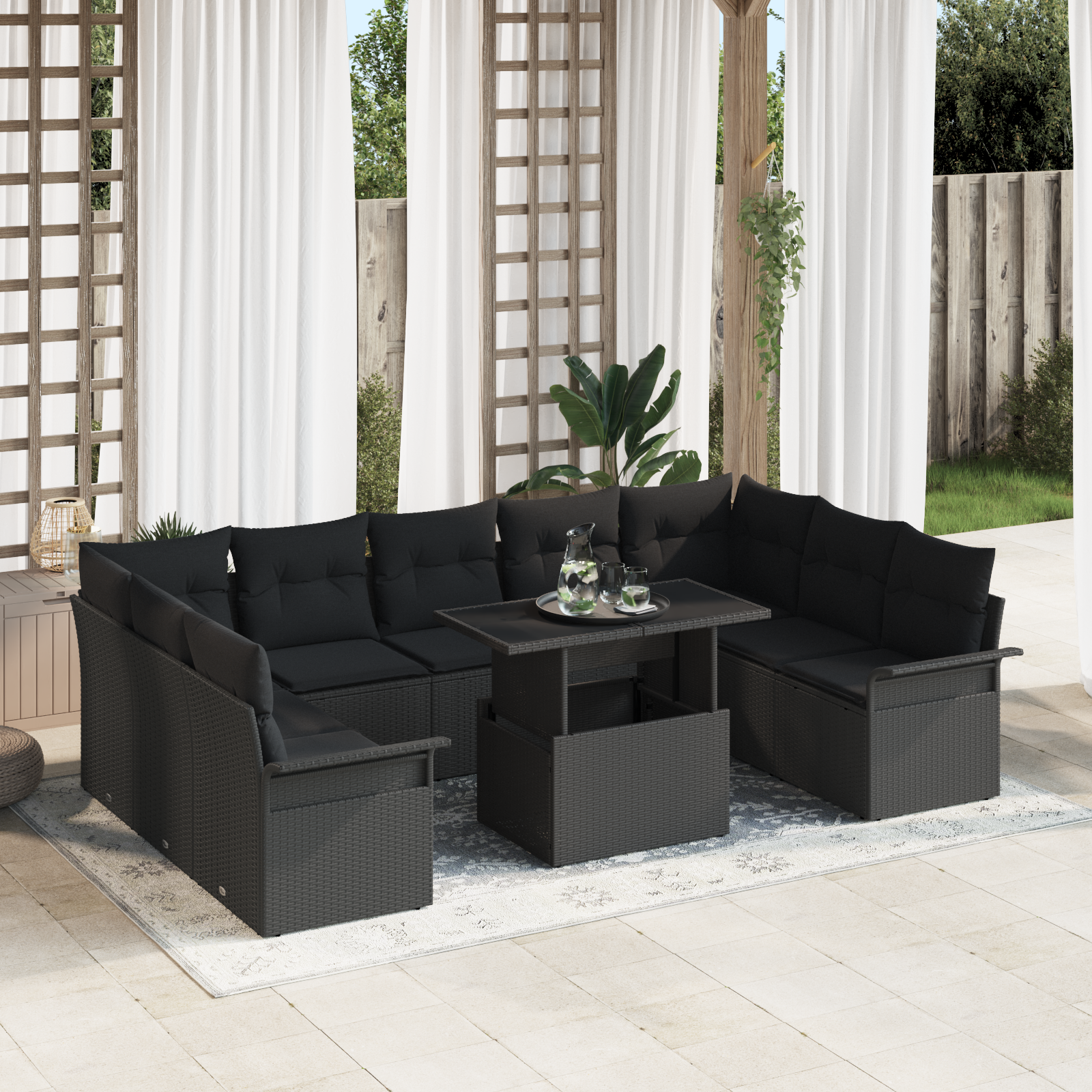 Set di Sofà da Giardino 10 Pezzi con Cuscini Rattan Nero