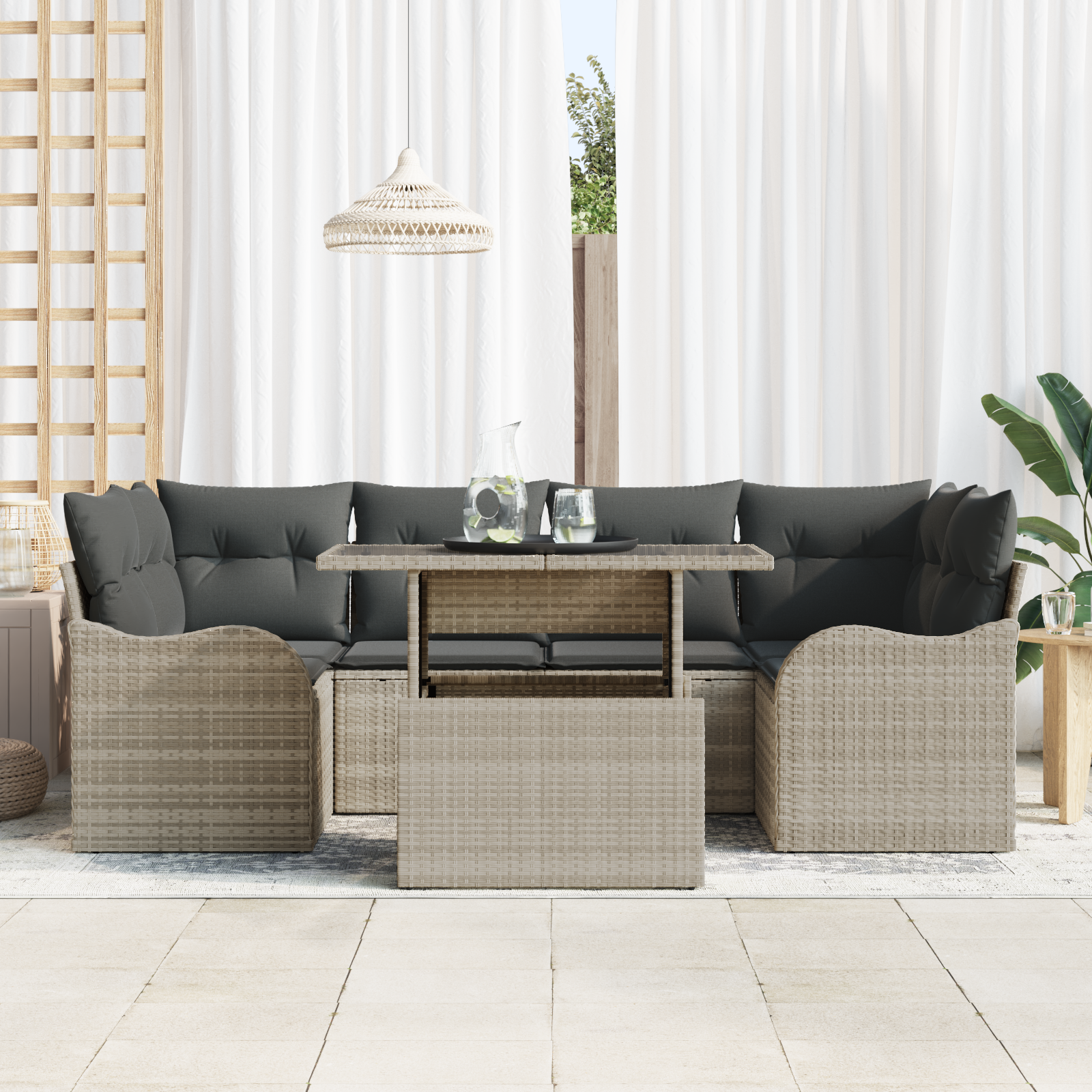 Set di Sofà da Giardino  a 7 Pezzi con Cuscini Grigio Chiaro Rattan Poliestere