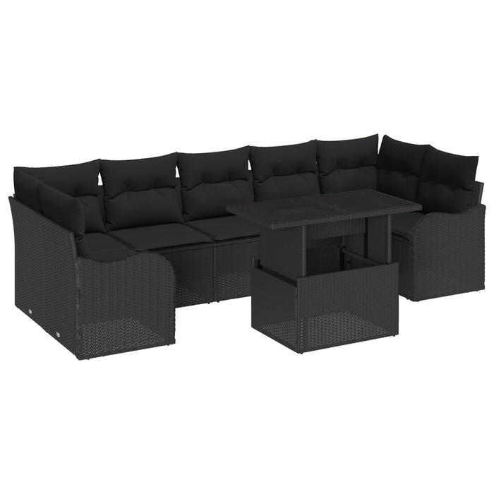 Set di divani da giardino 8 pezzi con cuscini in polyrattan nero