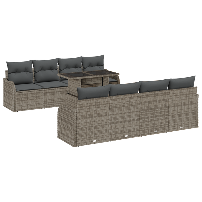 Set da giardino 9 pezzi con cuscini Grigio Polyrattan