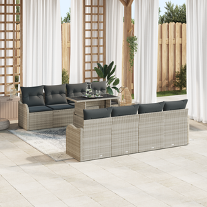 Set da Giardino 9 Pezzi con Cuscini Grigio Chiaro in Rattan Polietilene