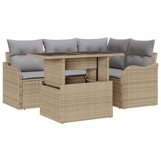 Set di Divani da Giardino  5 Pezzi con Cuscini Polyrattan Beige