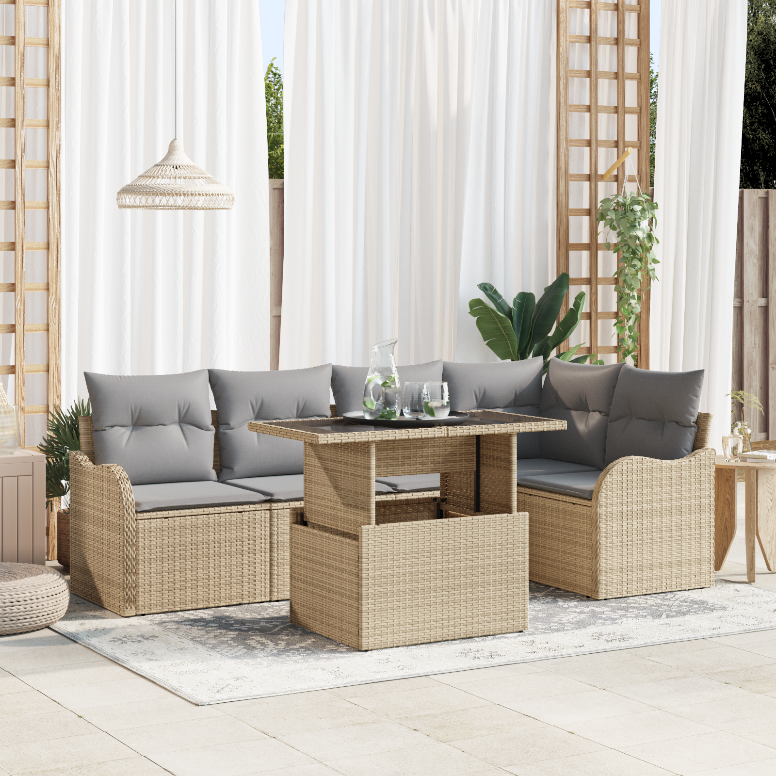 Set Sofà Giardino 6 Pezzi con Cuscini Beige Rattan Poliestere