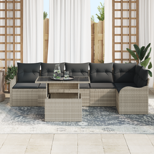 Set di divano da giardino 7 pezzi con cuscini Grigio chiaro Rattan polietilene