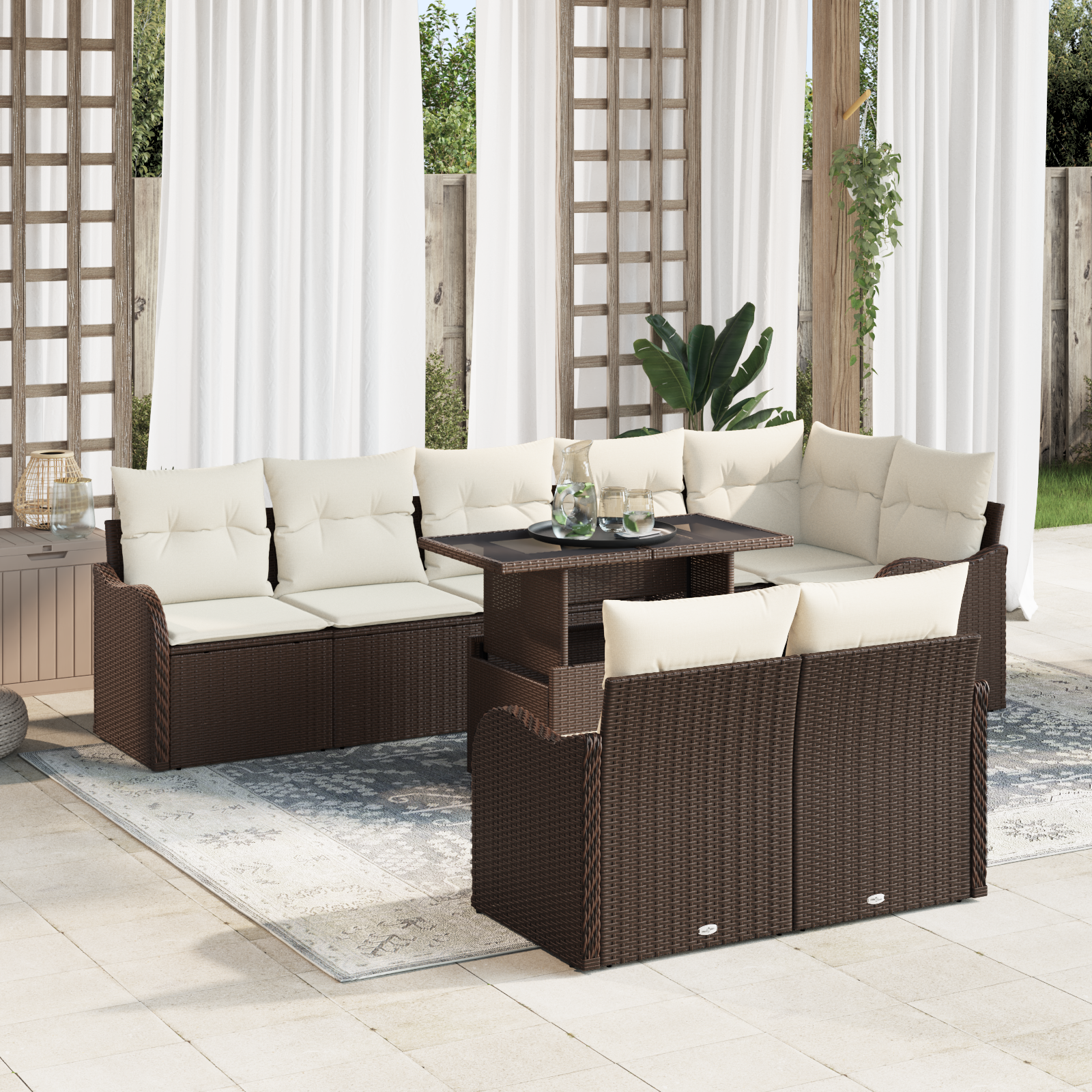 Set divani giardino  9 pezzi con cuscini marrone polyrattan