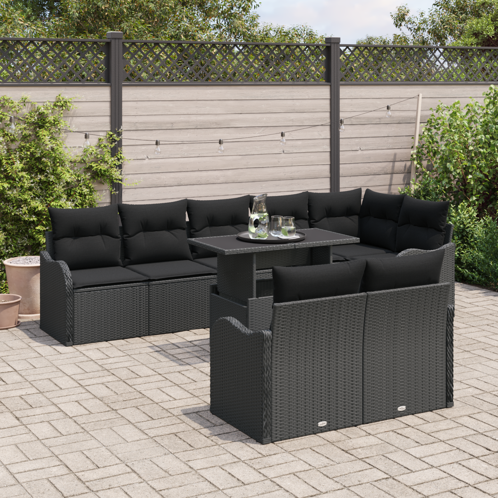 Set divano da giardino  9 pezzi con cuscini Nero Polyrattan