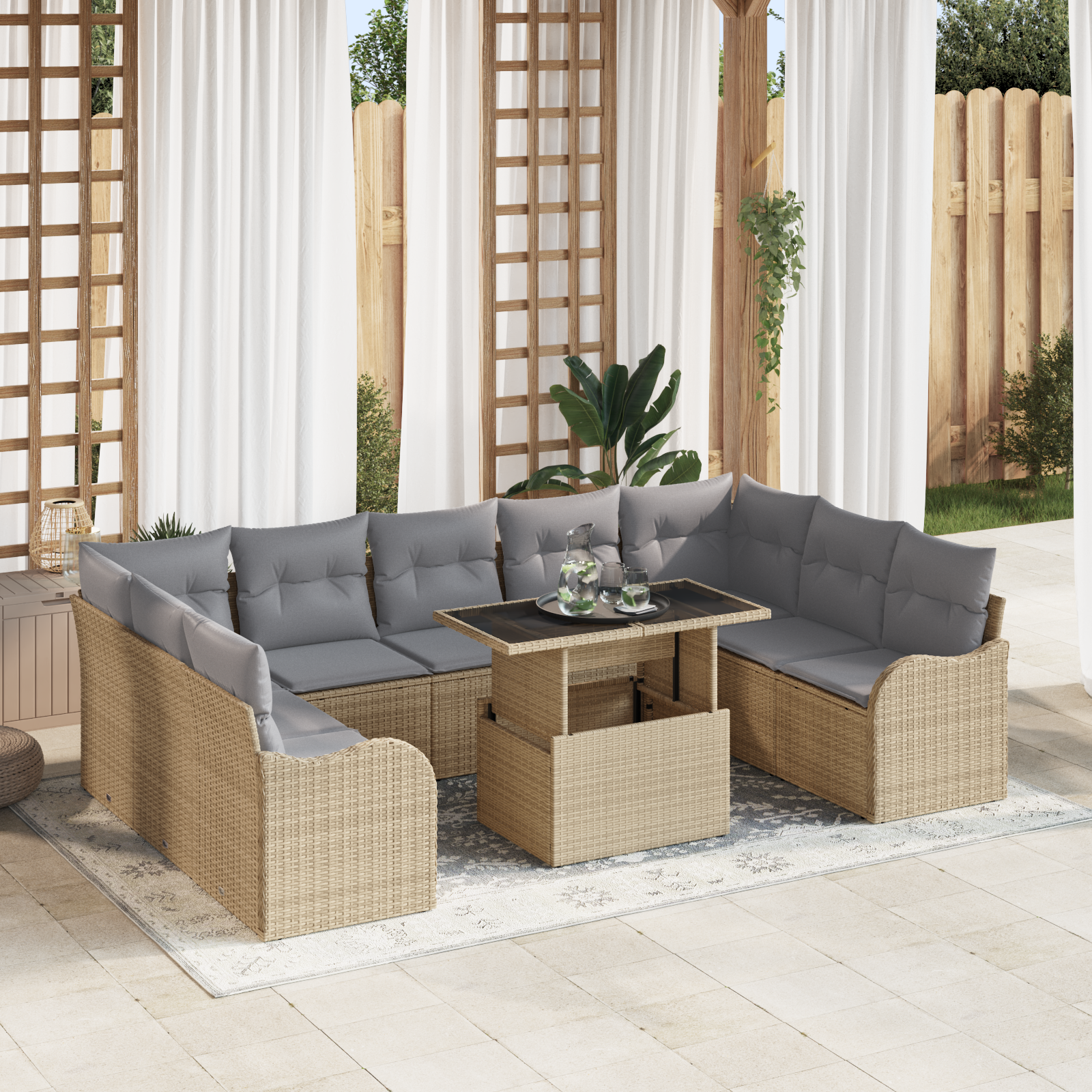 Set di Sofà da Giardino  da 10 pezzi con Cuscini in Rattan Poliestere Beige