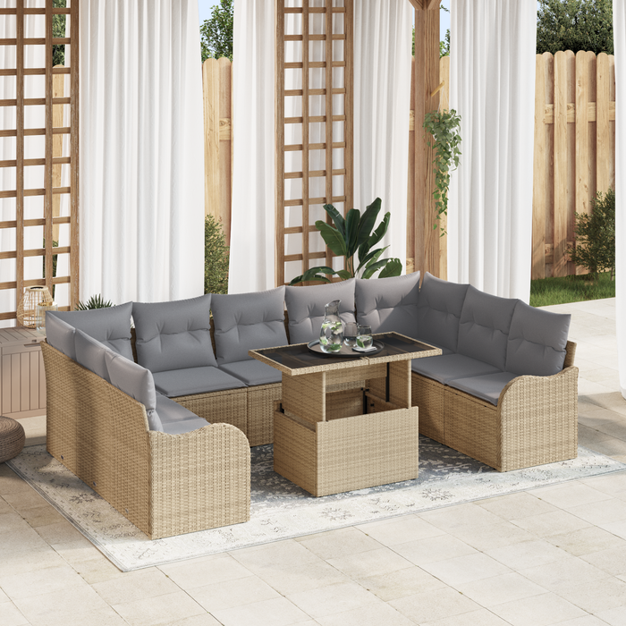 Set di Sofà da Giardino  da 10 pezzi con Cuscini in Rattan Poliestere Beige