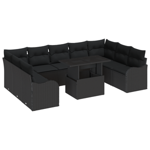 Set divani giardino  10 pezzi con cuscini neri in polyrattan
