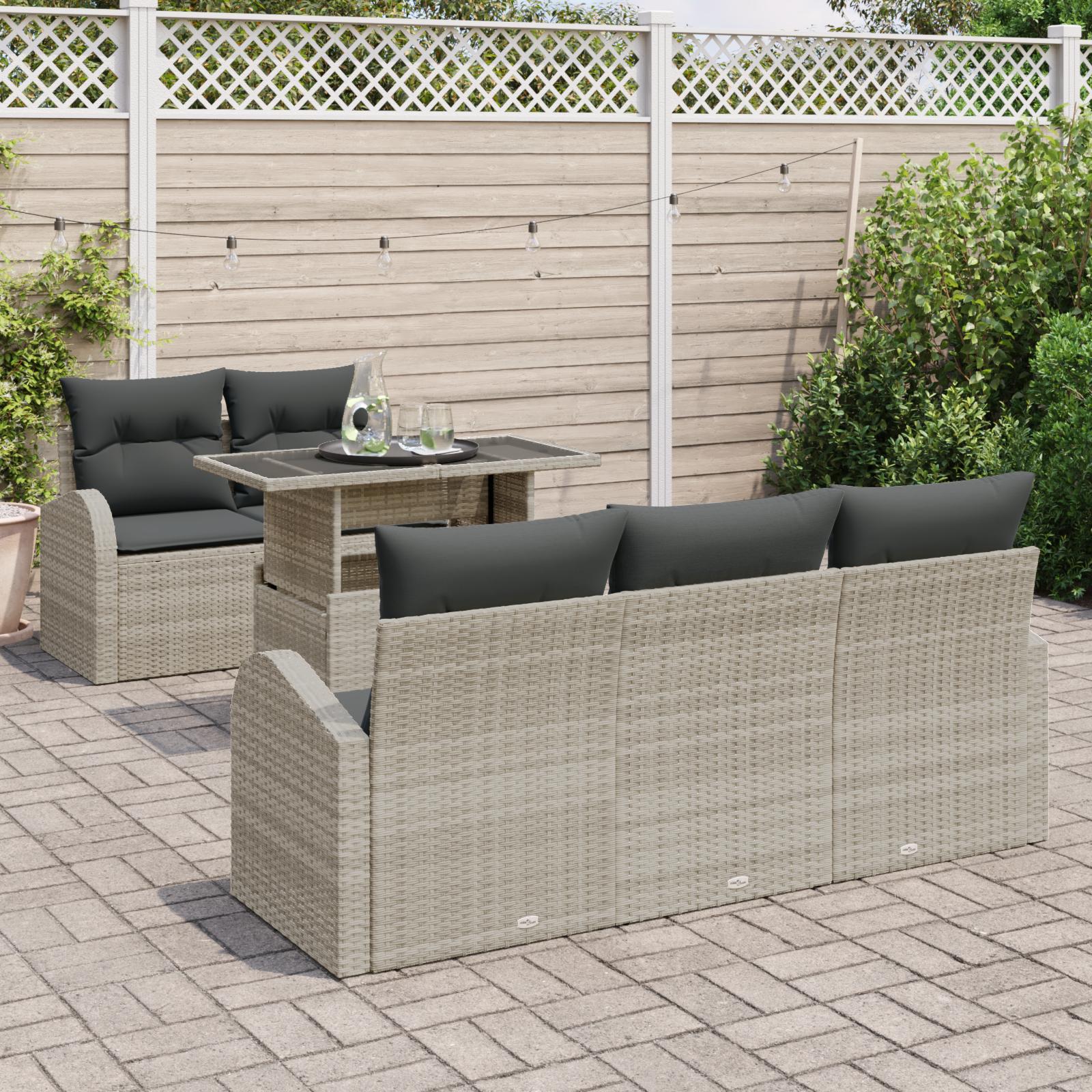 Set di Divano da Giardino in 6 Pezzi con Cuscini Rattan Poliestere Grigio Chiaro