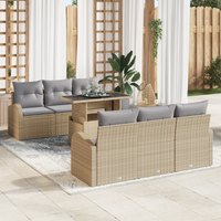 Set Sofà da Giardino in 7 Pezzi con Cuscini Beige Poli Rattan