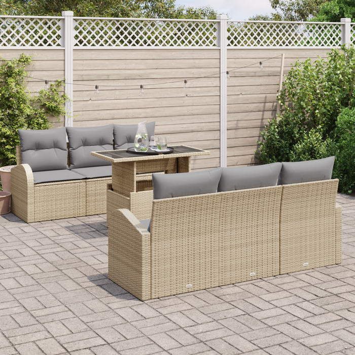 Set Sofà da Giardino in 7 Pezzi con Cuscini Beige Poli Rattan