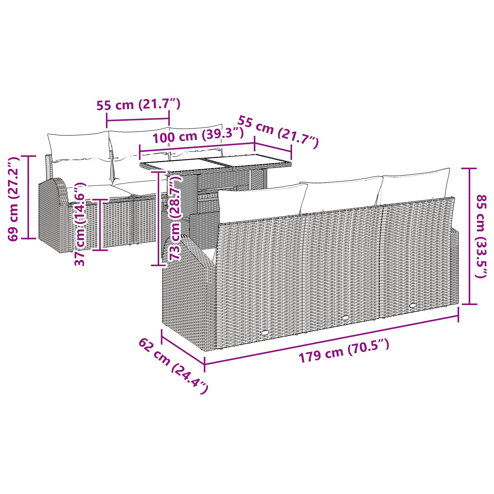 Set Sofà da Giardino in 7 Pezzi con Cuscini Beige Poli Rattan
