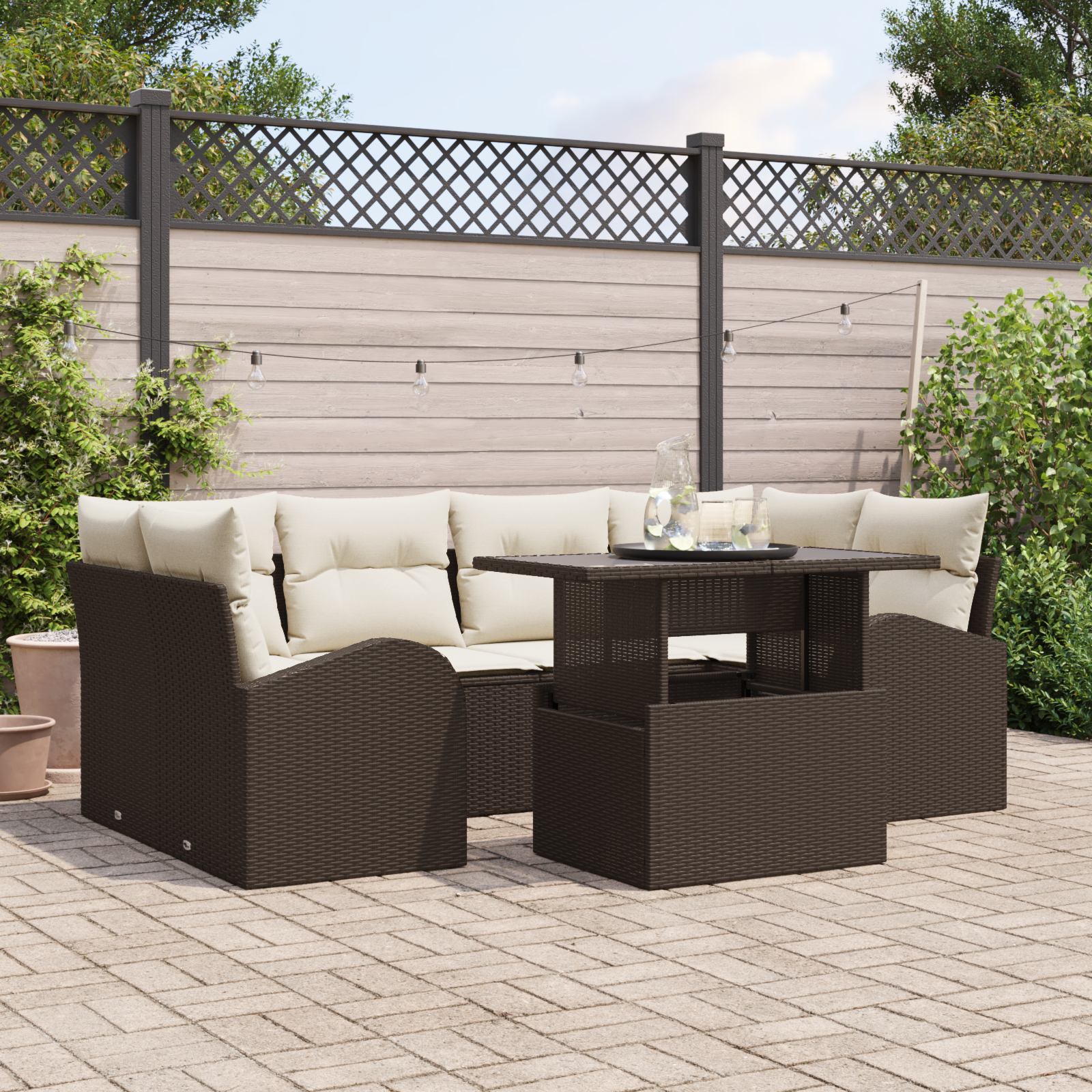 Set Divano da Giardino 7 Pezzi con Cuscini Marrone Polyrattan