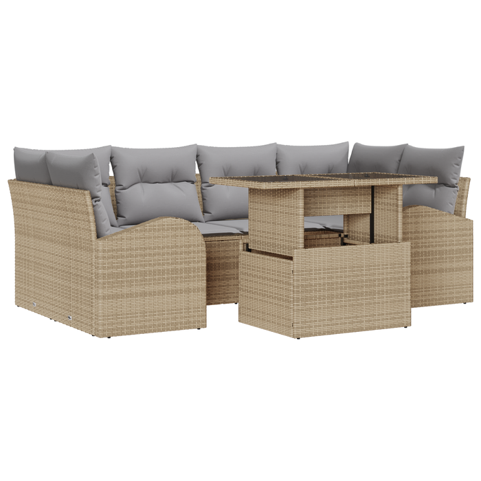 Set di Sofà da Giardino in 7 Pezzi con Cuscini Beige in Polyrattan