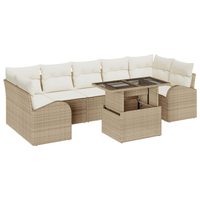 Set Divano da Giardino 8 Pezzi con Cuscini Beige Poly Rattan