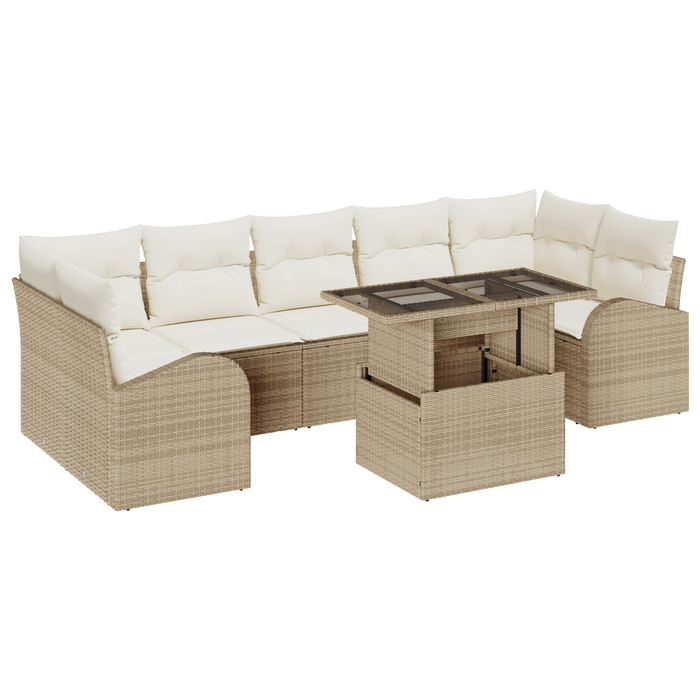 Set Divano da Giardino 8 Pezzi con Cuscini Beige Poly Rattan