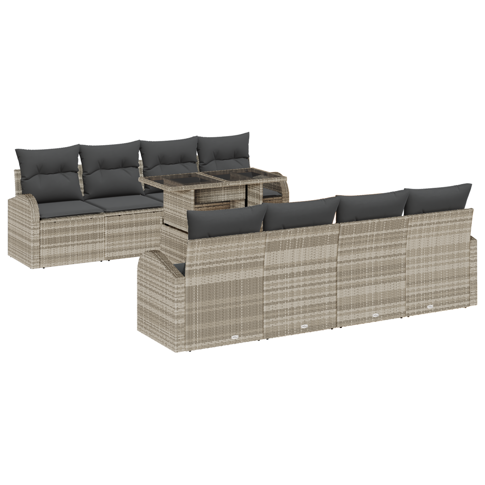 Set divano da giardino 9 pezzi con cuscini grigio chiaro in polyrattan