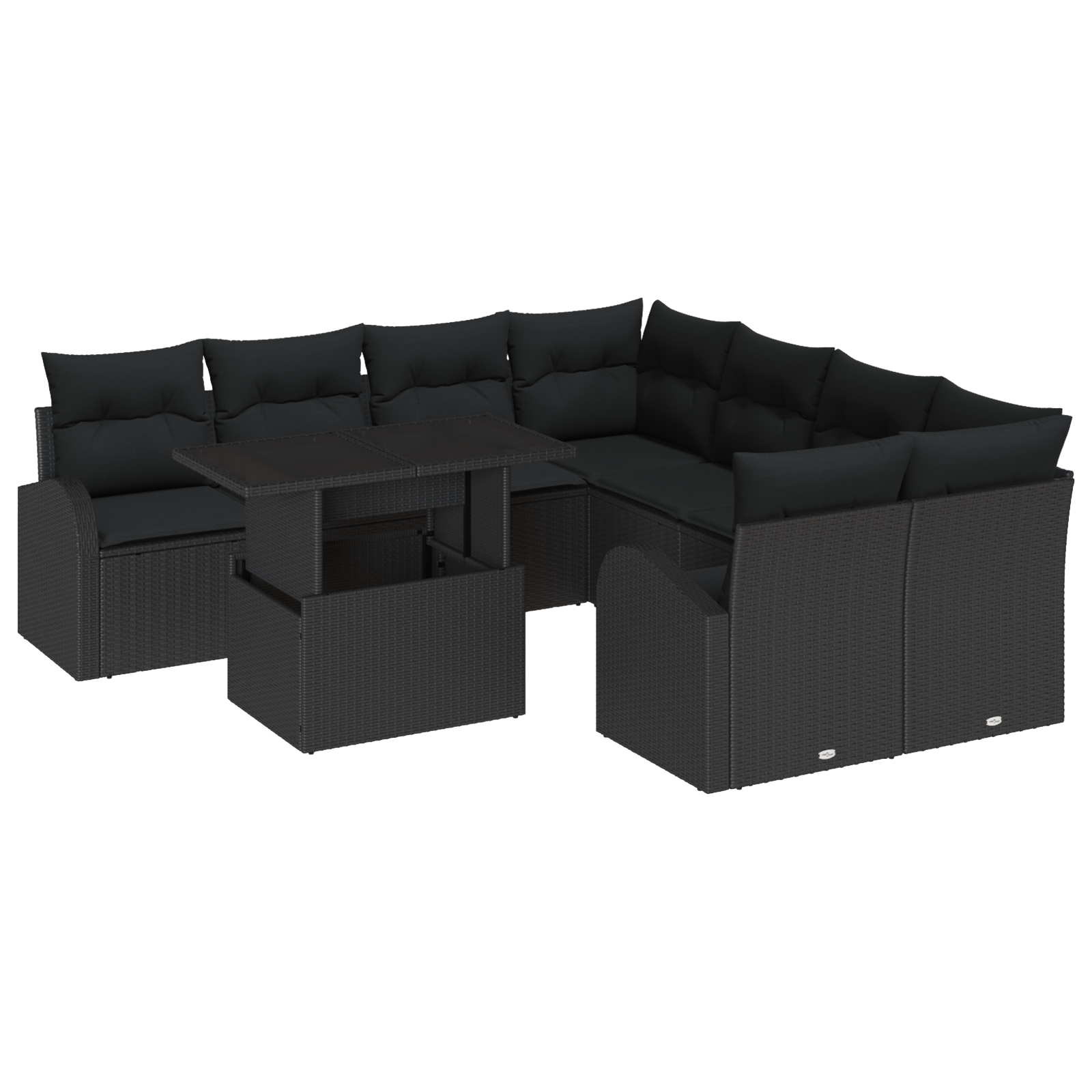 Set di Divano da Giardino 9 Pezzi con Cuscini Nero in Poly Rattan