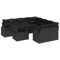 Set di Divano da Giardino 9 Pezzi con Cuscini Nero in Poly Rattan