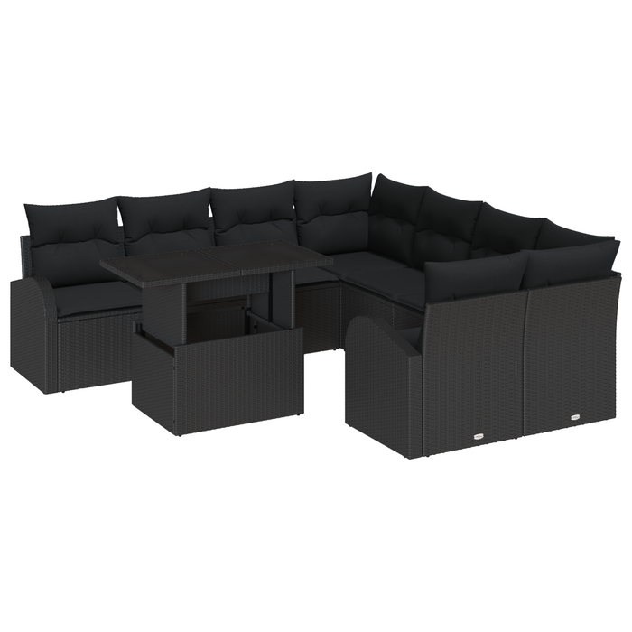 Set di Divano da Giardino 9 Pezzi con Cuscini Nero in Poly Rattan