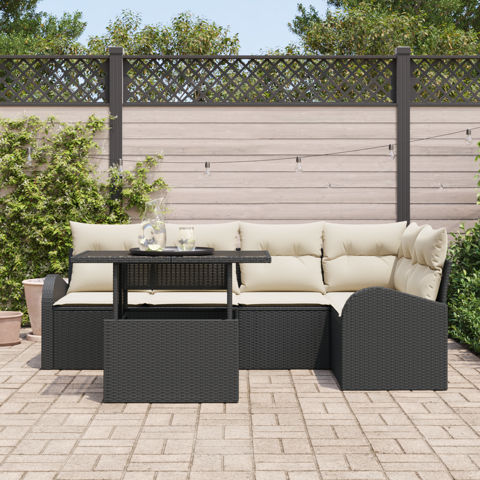 Set Divano da Giardino 6 Pezzi con Cuscini Nero Polyrattan
