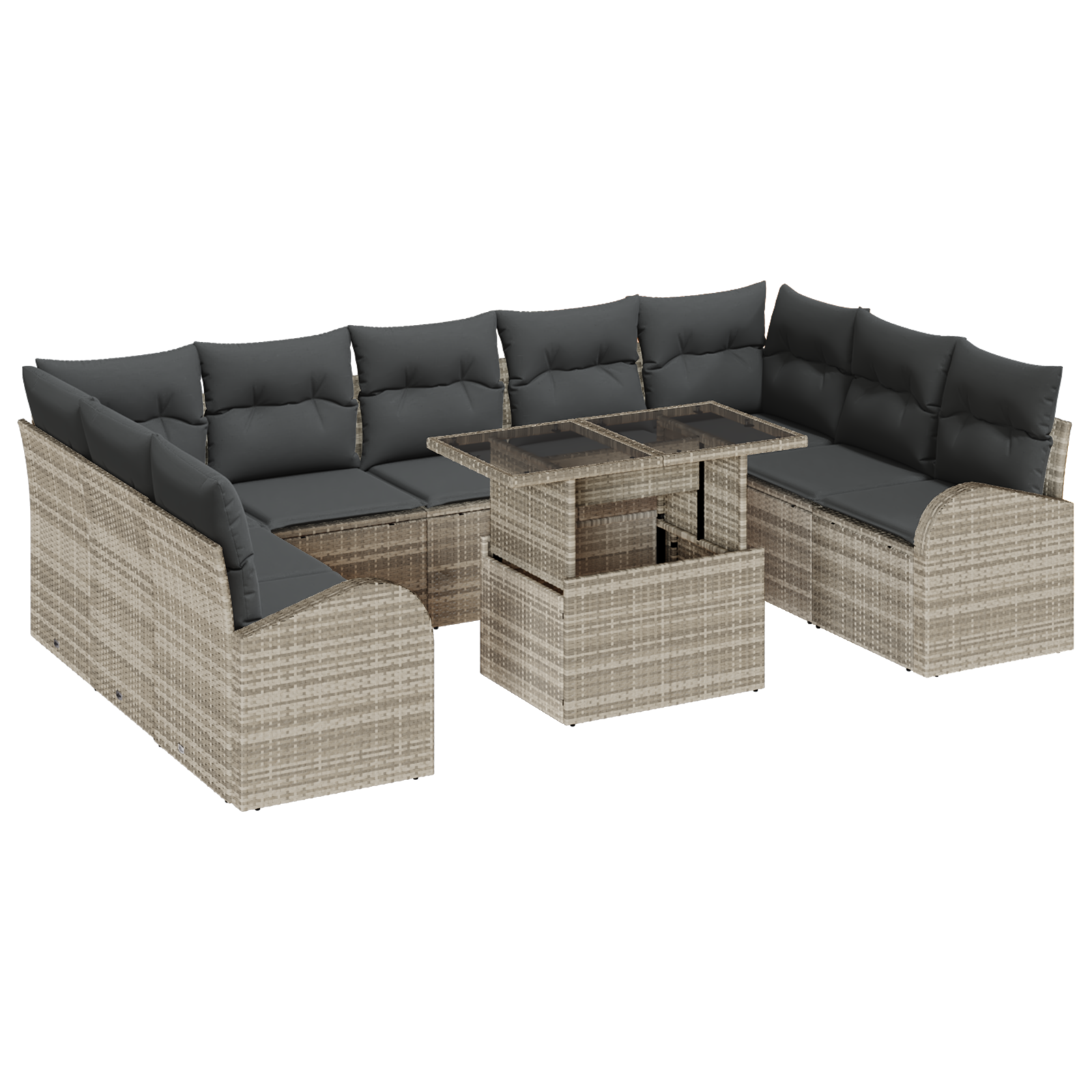 Set di Divani da Giardino a 10 Pezzi con Cuscini Grigio Chiaro Polyrattan