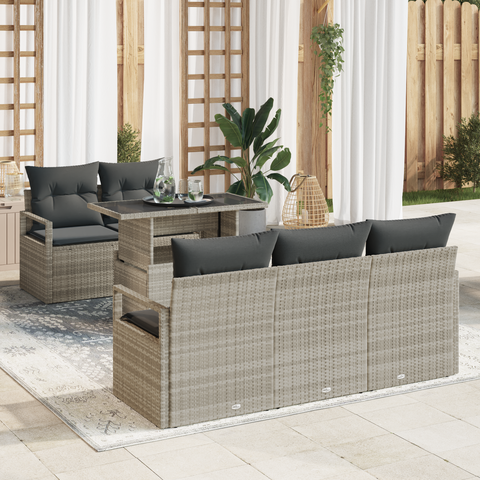Set Divano da Giardino  6 Pezzi con Cuscini Grigio Chiaro Rattan