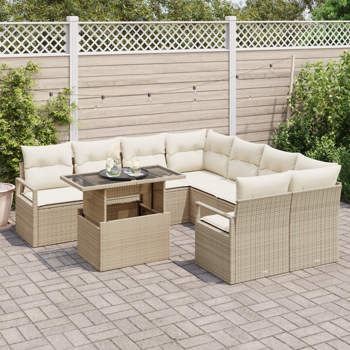 Set Divano Giardino 9 Pezzi con Cuscini Beige Polyrattan