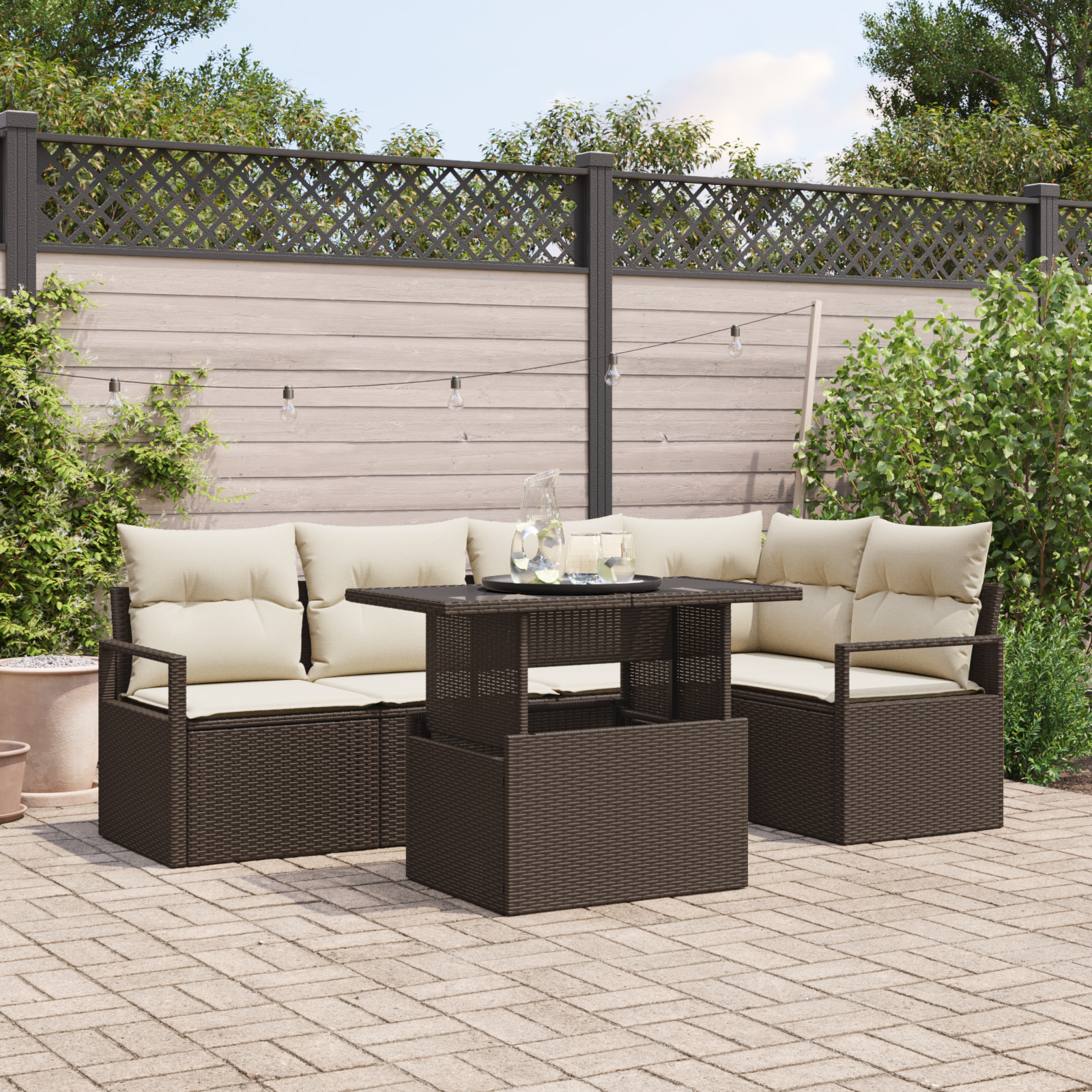 Set Divano da Giardino  da 6 Pezzi con Cuscini Marrone Polyrattan