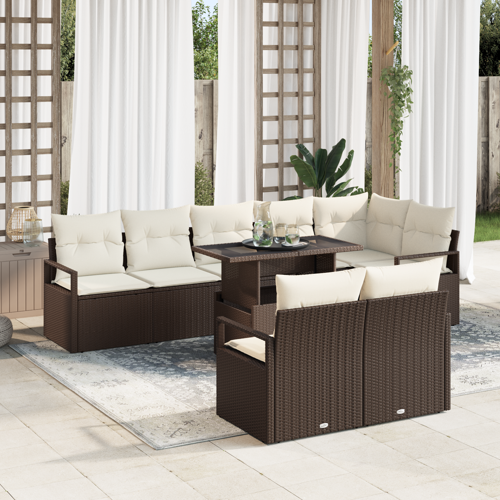 Set Divani da Giardino 9 Pezzi con Cuscini Marrone Rattan Polietilene