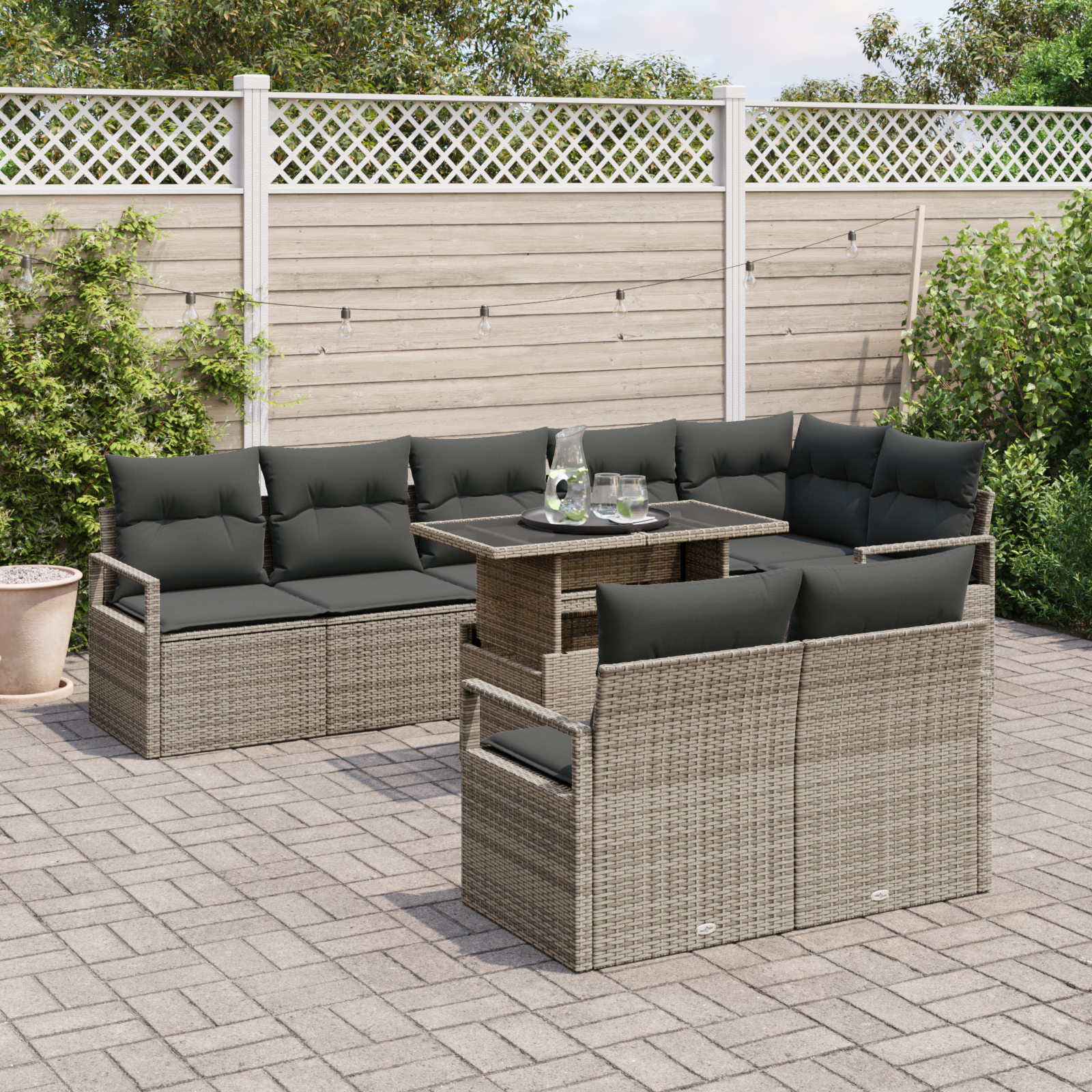 Set Divano da Giardino 9 Pezzi con Cuscini Grigio Polirattan